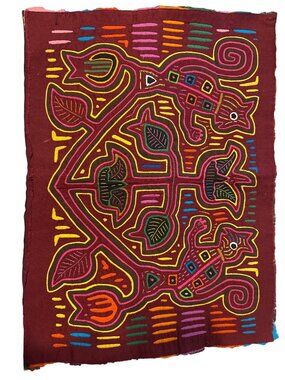 Handcrafted Mola Textile Art Panel With Lizard Design & Vibrant Colors On Burgun